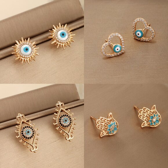 3/$35 18K Gold Plated Copper Ear Studs Flower Palm Hand Hamsa Small Earrings - Picture 4 of 5
